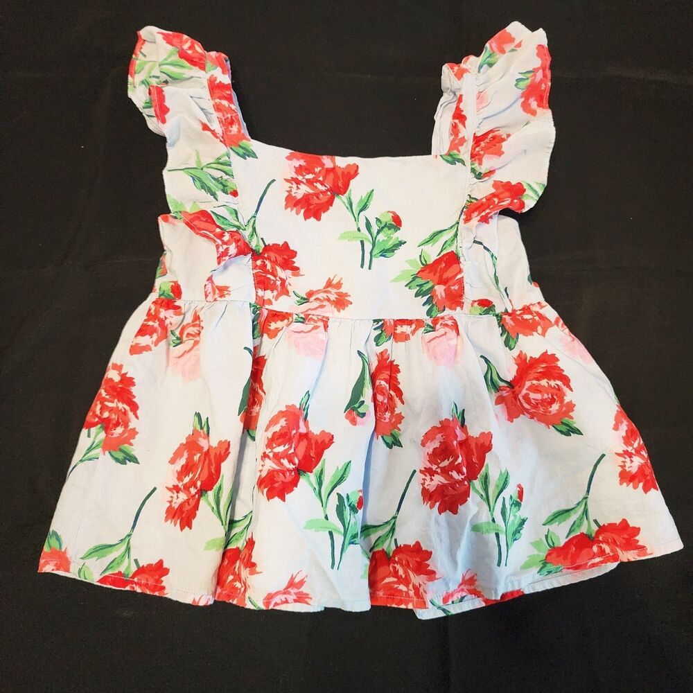 Janie and Jack Blue Red Floral Peplum Top Ruffle Sleeves Summer Button Back Sz 7